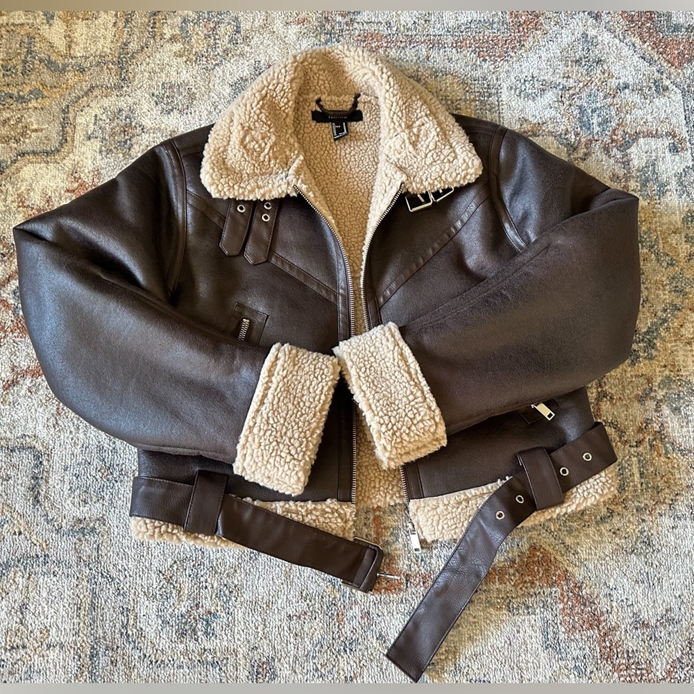 Forever 21 Brown Sherpa Fleece Faux Leather Vegan Zip Up Bomber Jacket